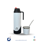 Set 3 en 1: termo con pico cebador, mate y bombilla en acero Inoxidable | Blanco