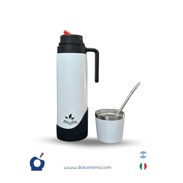 Set 3 en 1: termo con pico cebador, mate y bombilla en acero Inoxidable | Blanco