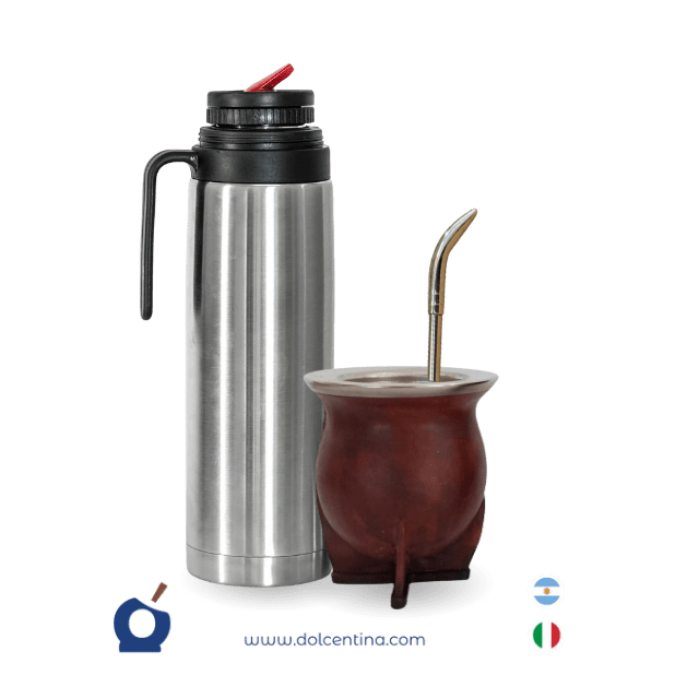 Set de Mate, Termo y Bombilla | Camionero de calabaza y cuero color a elección. Termo con pico cebador y media manija. Bombilla de alpaca.